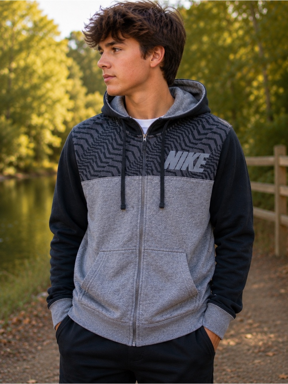 Nike Gray Black Full Zip Hoodie Men’s Small Fleece Lined Sweatshirt